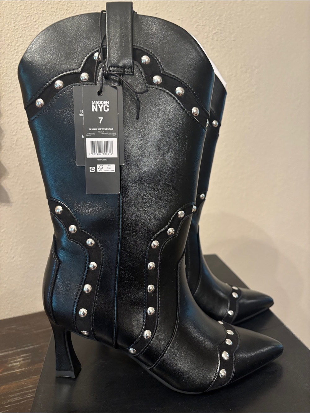 Madden NYC Black Studded Western-Style Heeled Boot